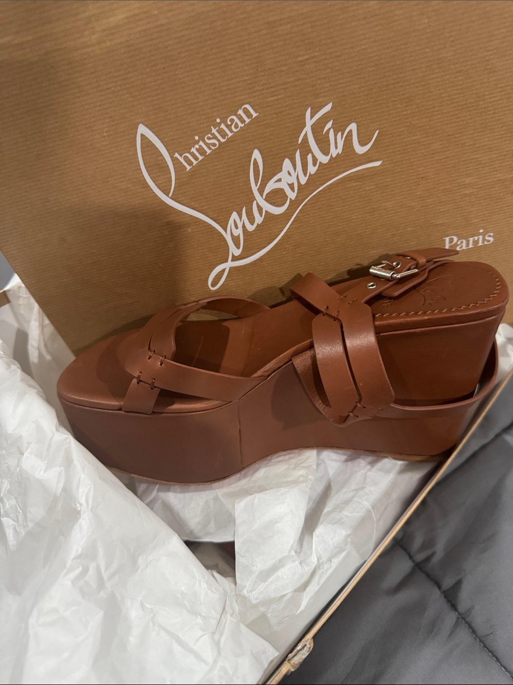 Christian Louboutin Brown Leather Platform Wedge Sandal with Buckle - Picture 2 of 4